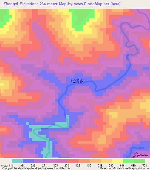Zhangxi,China Elevation Map
