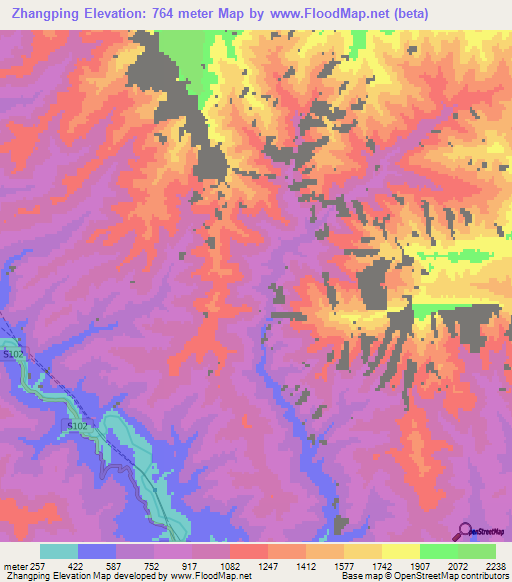 Zhangping,China Elevation Map