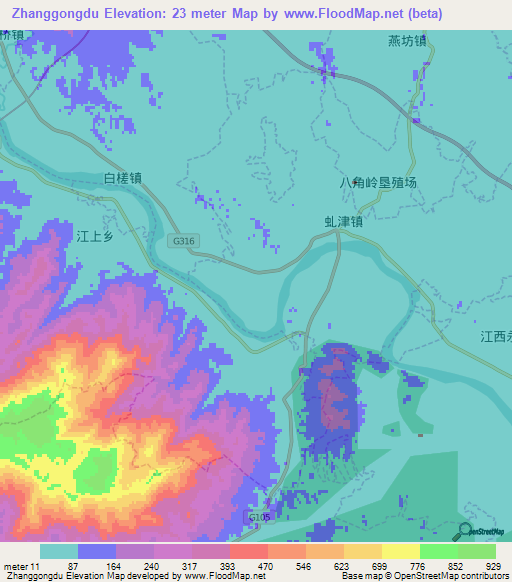 Zhanggongdu,China Elevation Map