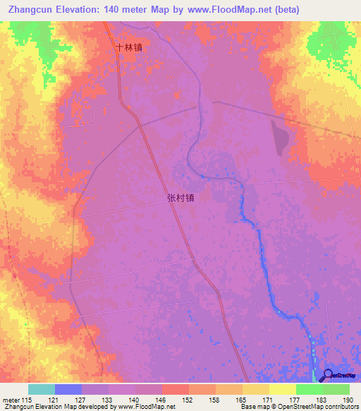 Zhangcun,China Elevation Map
