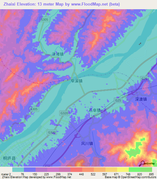 Zhaixi,China Elevation Map