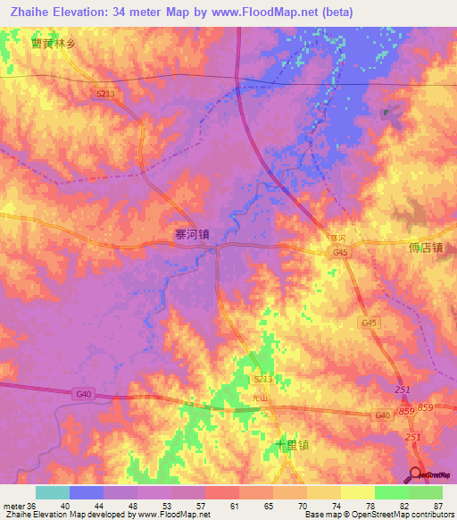 Zhaihe,China Elevation Map
