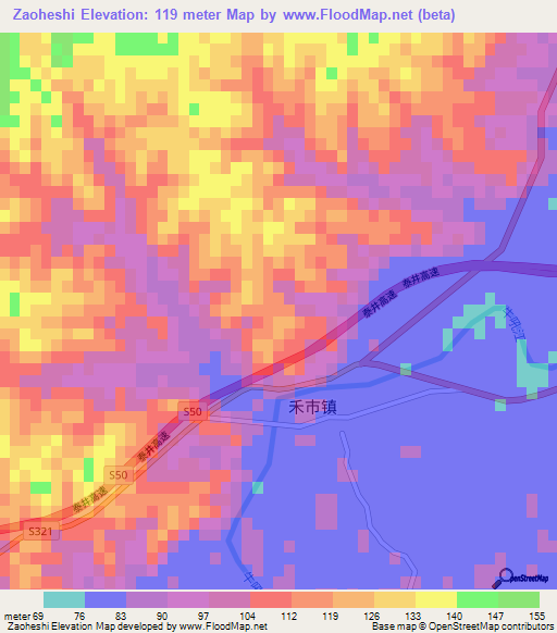 Zaoheshi,China Elevation Map