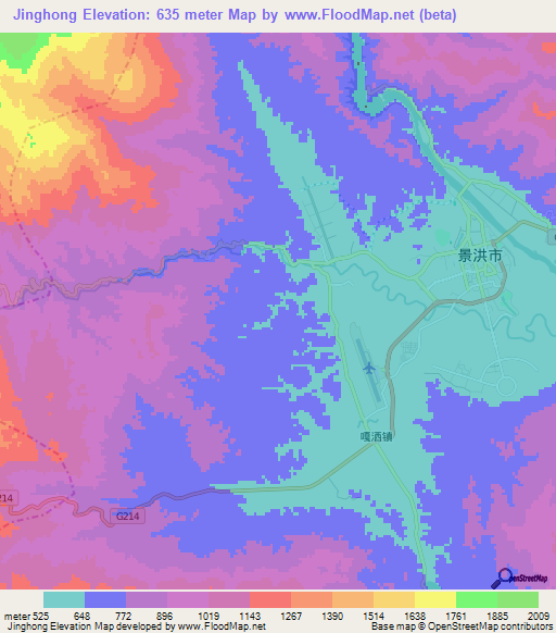 Jinghong,China Elevation Map