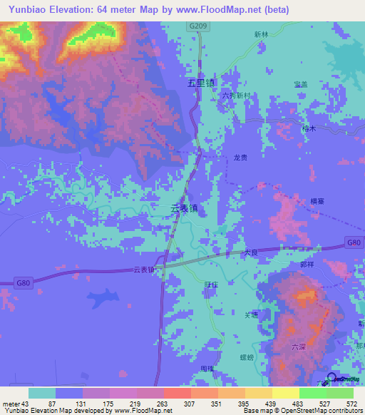 Yunbiao,China Elevation Map