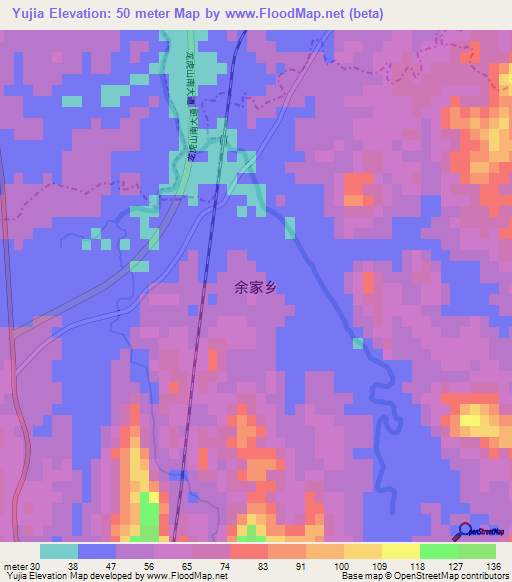 Yujia,China Elevation Map