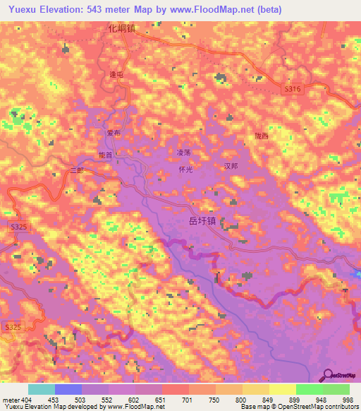 Yuexu,China Elevation Map