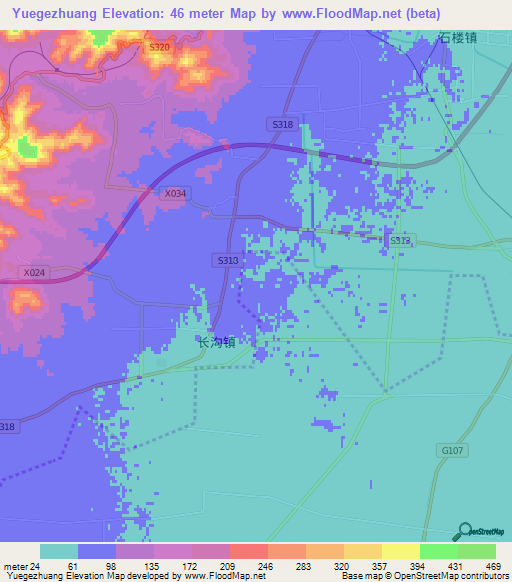 Yuegezhuang,China Elevation Map