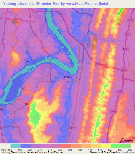 Yudong,China Elevation Map