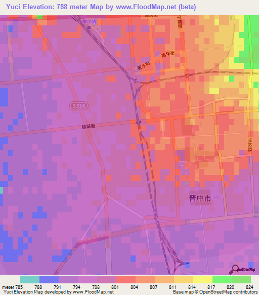 Yuci,China Elevation Map