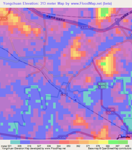 Yongchuan,China Elevation Map