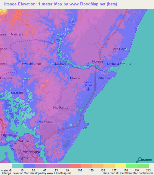 Utange,Kenya Elevation Map