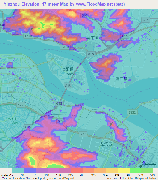 Yinzhou,China Elevation Map