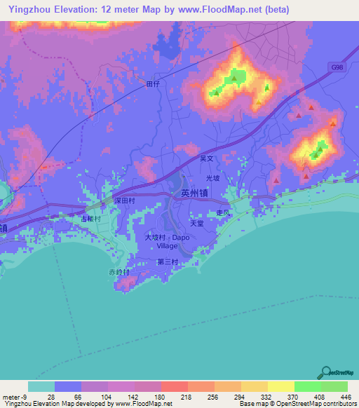 Yingzhou,China Elevation Map