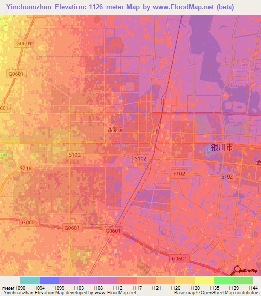 Yinchuanzhan,China Elevation Map