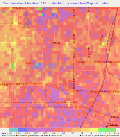 Yinchuanzhan,China Elevation Map