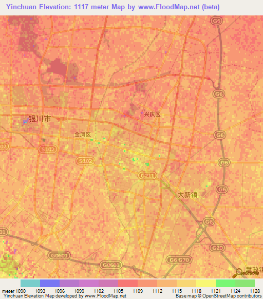 Yinchuan,China Elevation Map