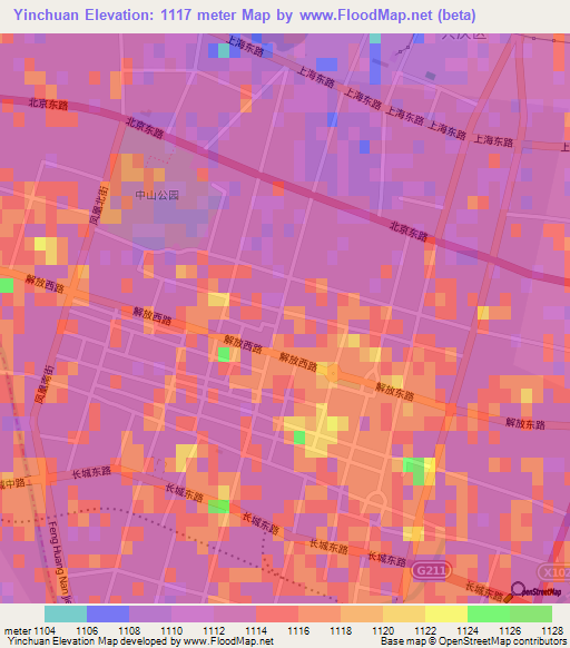 Yinchuan,China Elevation Map