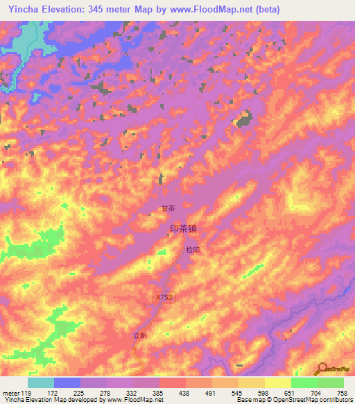 Yincha,China Elevation Map