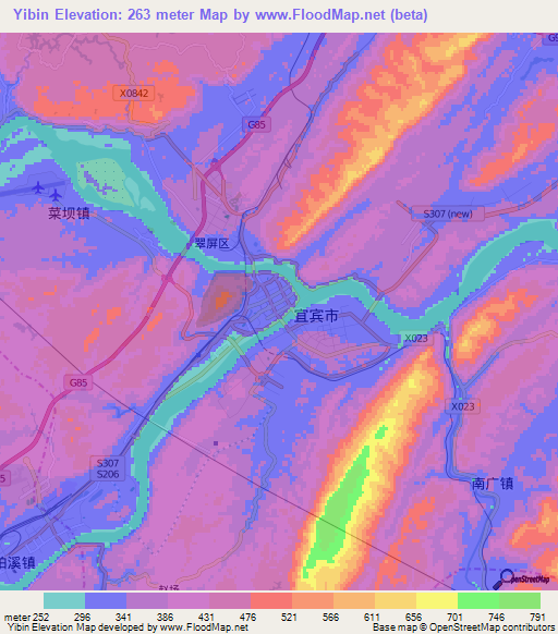 Yibin,China Elevation Map