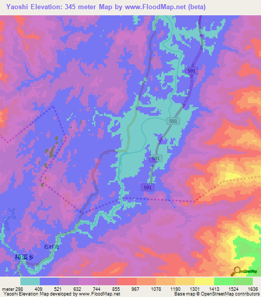 Yaoshi,China Elevation Map