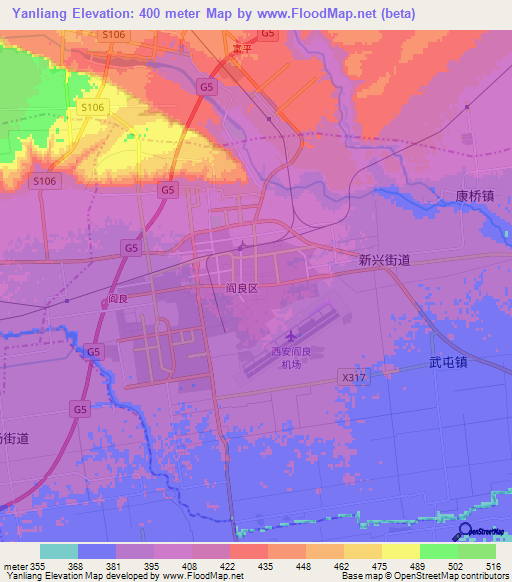Yanliang,China Elevation Map