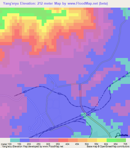Yang'eryu,China Elevation Map