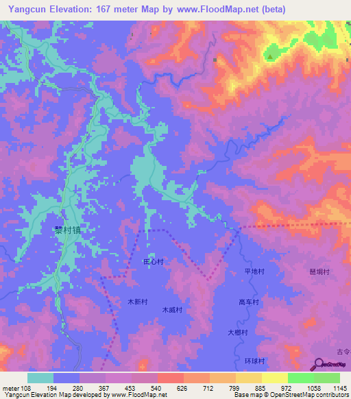 Yangcun,China Elevation Map