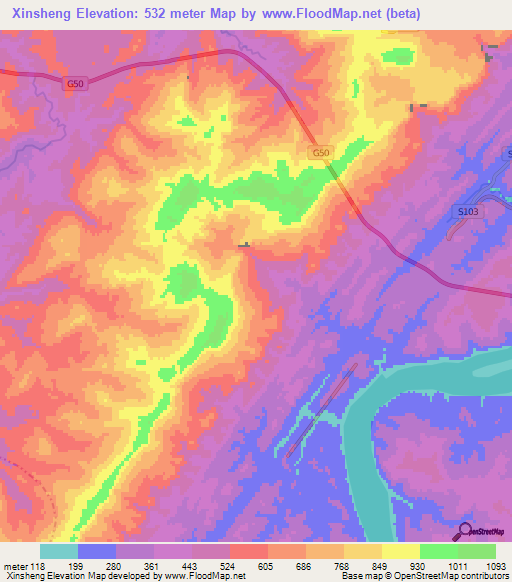 Xinsheng,China Elevation Map
