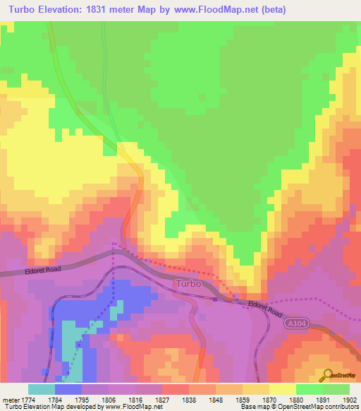 Turbo,Kenya Elevation Map