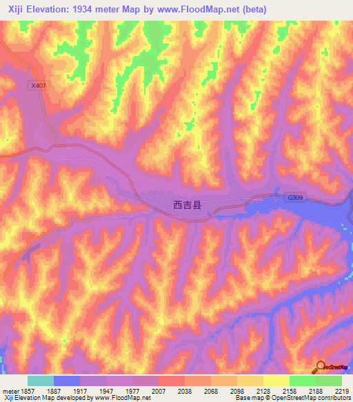 Xiji,China Elevation Map