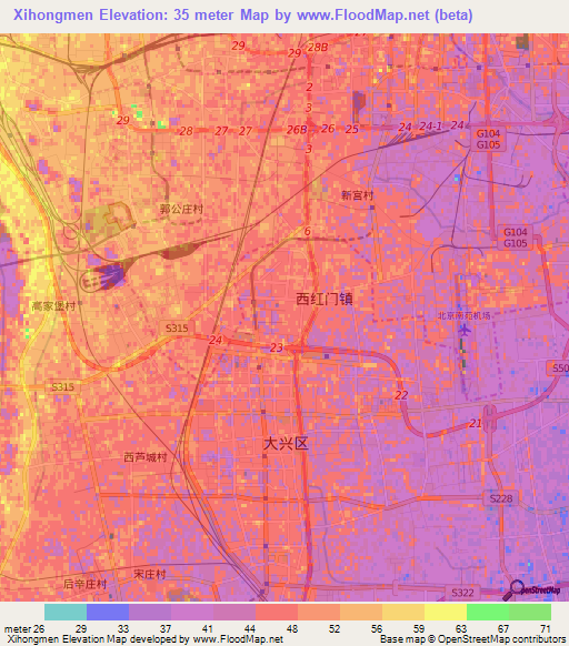 Xihongmen,China Elevation Map