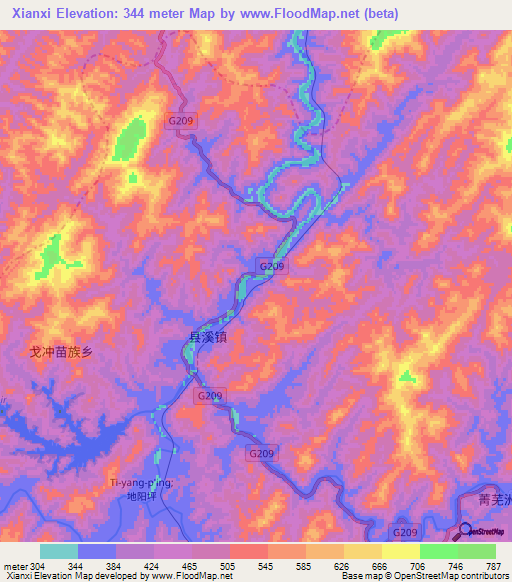 Xianxi,China Elevation Map