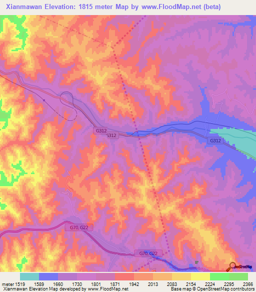 Xianmawan,China Elevation Map
