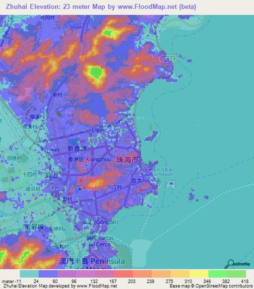 Zhuhai,China Elevation Map