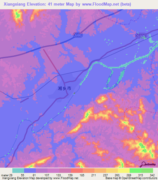 Xiangxiang,China Elevation Map
