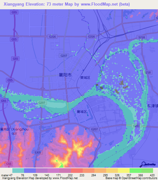 Xiangyang,China Elevation Map