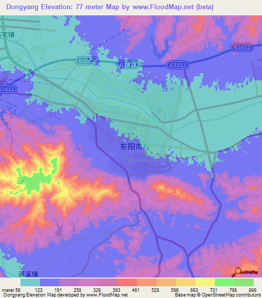 Dongyang,China Elevation Map