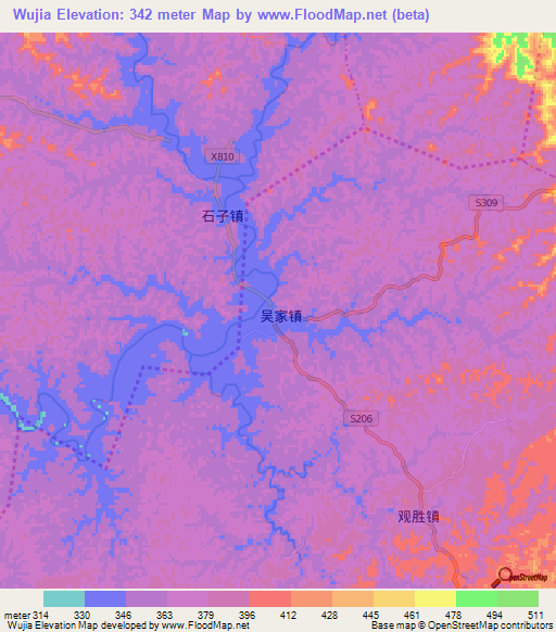 Wujia,China Elevation Map