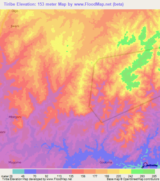 Tiribe,Kenya Elevation Map