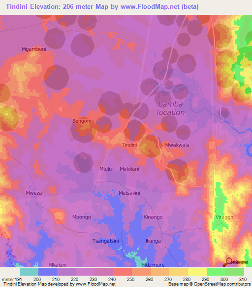 Tindini,Kenya Elevation Map