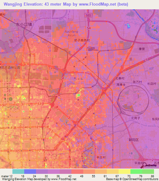 Wangjing,China Elevation Map