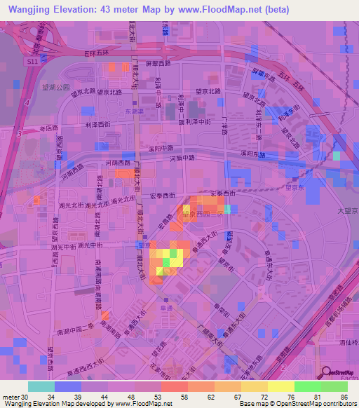 Wangjing,China Elevation Map