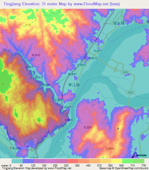 Tingjiang,China Elevation Map