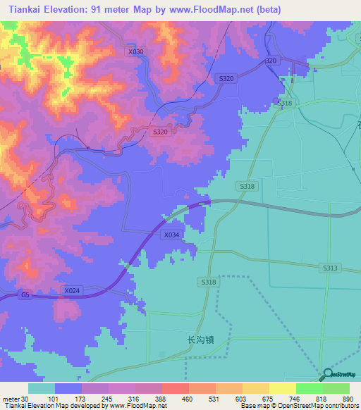 Tiankai,China Elevation Map