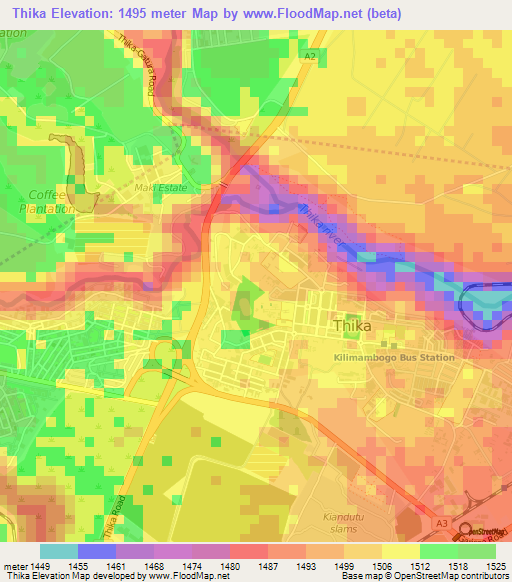 Thika,Kenya Elevation Map