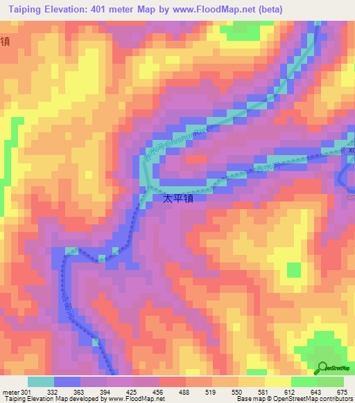 Taiping,China Elevation Map
