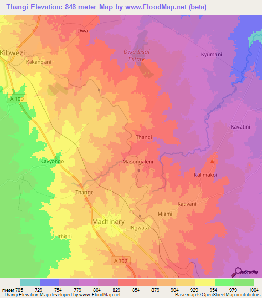 Thangi,Kenya Elevation Map