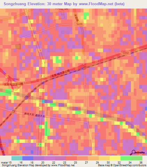 Songzhuang,China Elevation Map