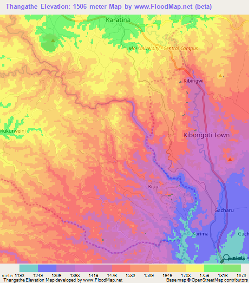 Thangathe,Kenya Elevation Map